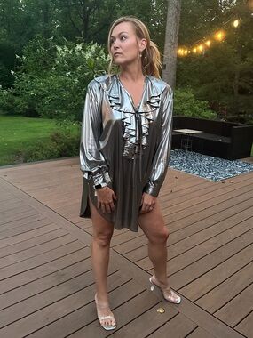 Metallic Silver Ruffle Front Mini Dress